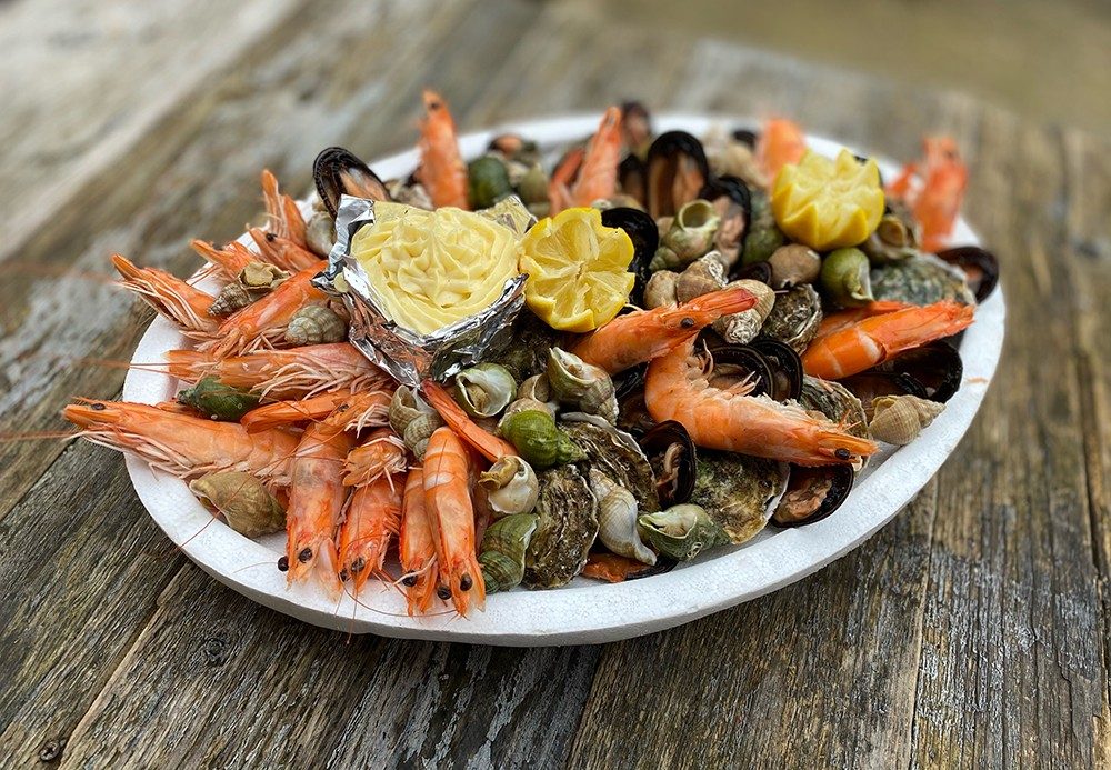 Plateau de fruits de mer : huîtres de Bouzigues, bulots, crevettes, citron et aïoli